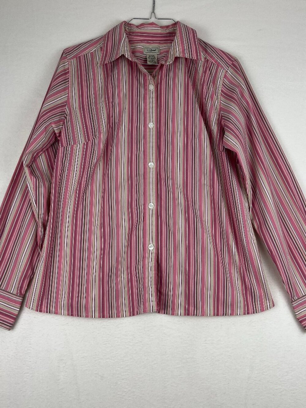 L.L.Bean Striped Button Down Shirt Size M Pink Tan Early 2000s
